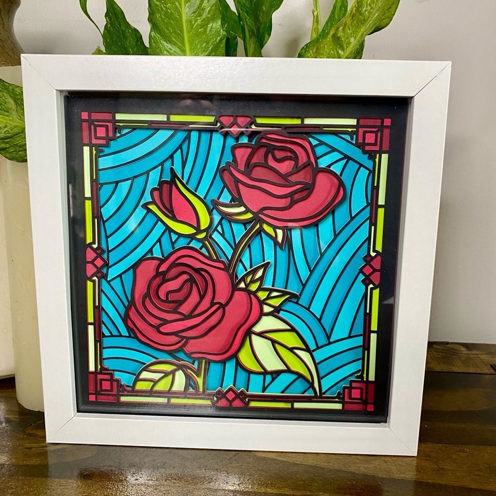 3D Roses Stained Glass Shadowbox - Picture 2 of 6
